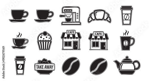 Collection of coffee related icons and symbols isolated on transparent background