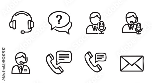 Collection of communication and call center icons isolated on transparent background