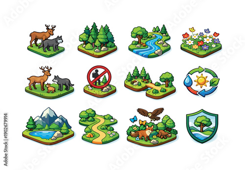 Rewilding nature. Colorful isometric vector icons set of Rewilding nature: wild animals return, natural forest growth, free-flowing river,