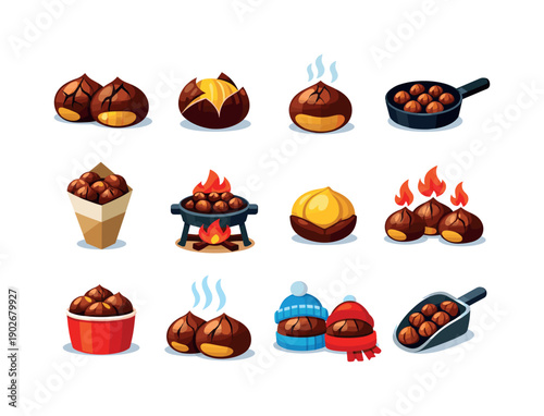 Roasted chestnut. Colorful flat vector icons set of roasted chestnut: roasted chestnut, cracked shell, steaming chestnut, chestnut pan,