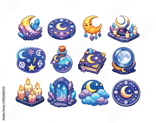 Mystic Moon. Colorful isometric vector icons set of Mystic Moon: moon crystal, magic circle moon, crescent talisman, lunar altar, glowing