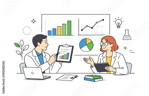 Collaborative Data Review. Scientific data visualization. Researchers calmly reviewing bar charts and line graphs together, discussing results in a quiet