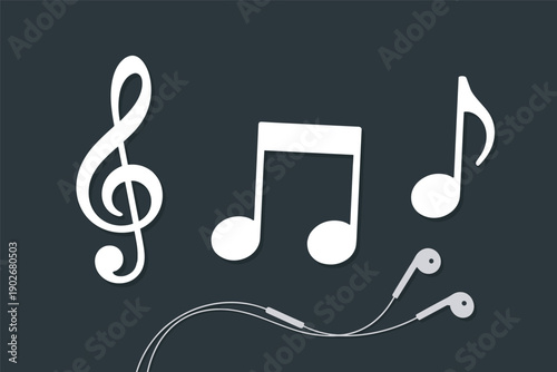 Music Notes and Earbuds on Dark Background, audio entertainment concept