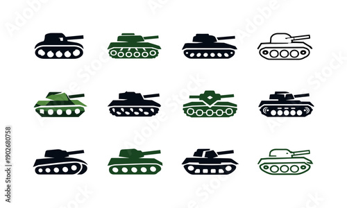 Tank. Icon set. Set Logo of tank: tank with tracks emphasized. harmonious logo variations of the same emblematic concept, each with different