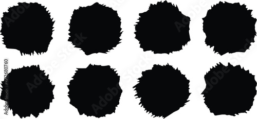 Eight Black Jagged Oval Shapes on White Background abstract