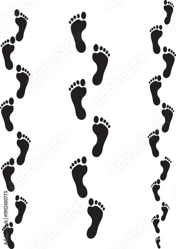 Multiple black footprints in ascending and descending rows on a white background Keywords