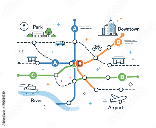 Urban transportation maps. A clean city map with metro lines, bus routes, and station icons, showing clear navigation and daily movement.