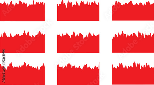 Nine red abstract jagged horizontal shapes on white background
