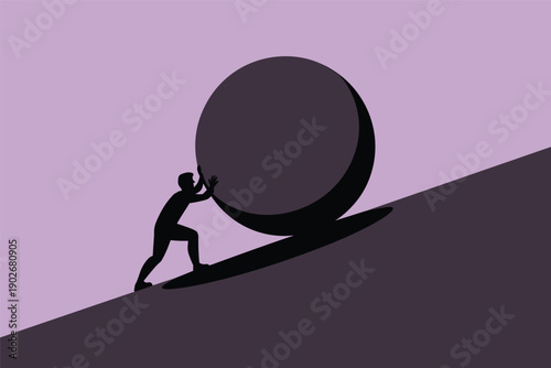 Perseverance and Effort Man Pushing a Heavy Boulder Uphill, determination and resilience concept with copy space