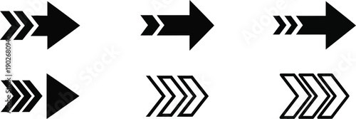 Six black arrow with chevron and solid shapes pointing right direction symbol