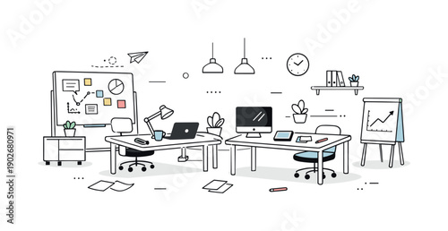 Vacant startup office. A calm editorial scene showing an open-plan creative workspace with modern furniture, whiteboards, and digital devices