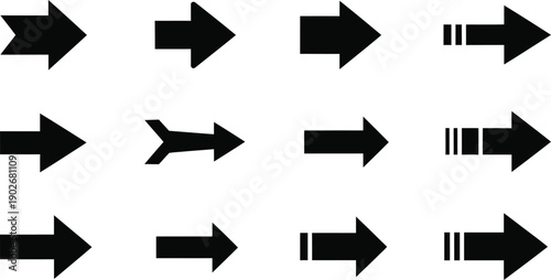Twelve black arrow pointing right in various styles direction symbol