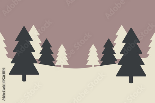 Minimalist Flat Design Winter Forest with Pine Trees, seasonal nature illustration concept with copy space