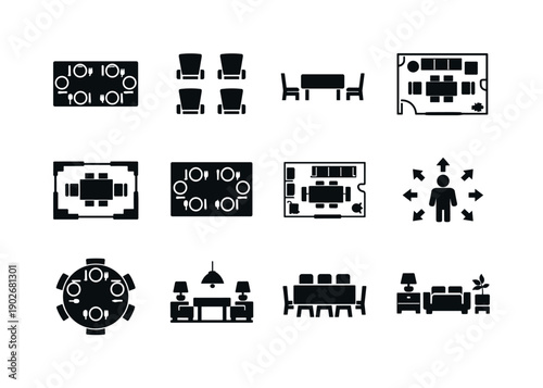 dining room setup. Solid icon set of dining room setup: dining table top view, chair arrangement, table alignment, dining layout plan,