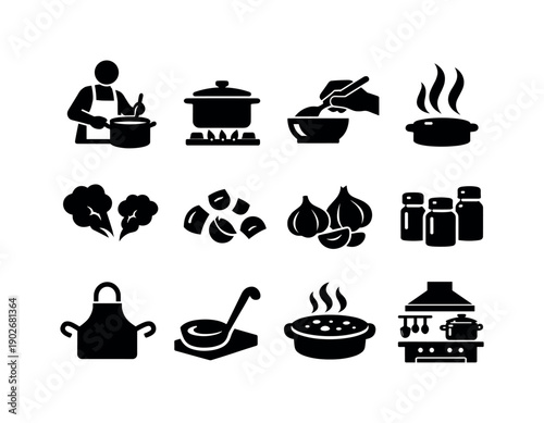 Home kitchen curry. Solid icon set of home kitchen curry: person cooking, pot on stove, stirring hand, steam rising, spice clouds, onion