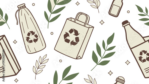 Seamless pattern of reusable bags and bottles with recycling symbols for environmental protection