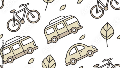 A seamless pattern of cute beige travel vehicles including cars bicycles and camper vans