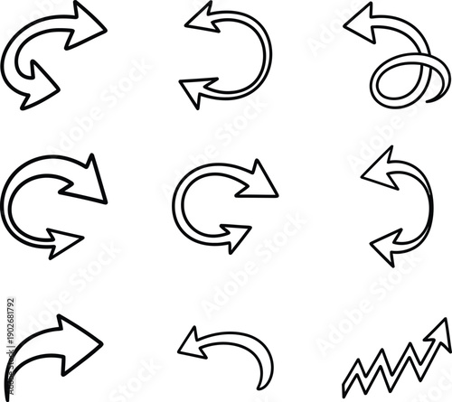 Collection of black outline arrows in various curved and zigzag shapes direction symbol sign