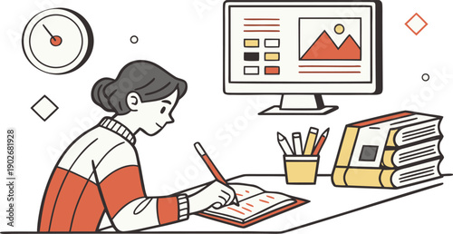 A young woman works at her desk writing in a notebook while reviewing a computer screen design.