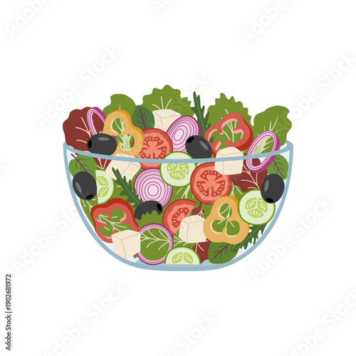 Fresh vegetables in a bowl. Greek salad with red tomato, onion, pepper, feta, cucumber, lettuce, arugula. Hand drawn vector illustration isolated on white background, flat cartoon style.