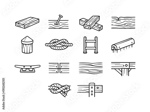 Dock details. Line icon set of Dock details: wooden plank, nail in wood, plank joint, weathered wood grain, dock post cap, rope knot, dock