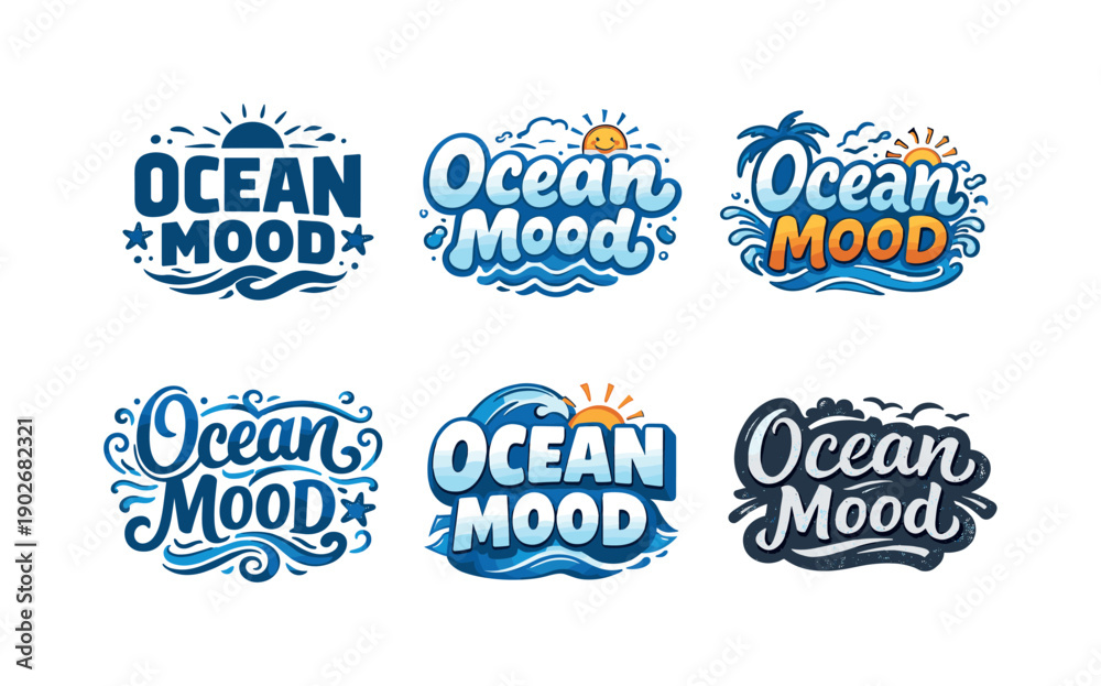 Fototapeta premium Varied Ocean Lettering. Ocean mood on. Set lettering. harmonious lettering variations of the same emblematic concept, each with different artistic