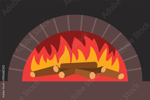 Wood-Fired Brick Oven with Roaring Flames and Burning Logs, traditional baking concept