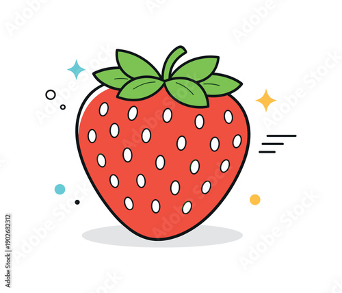 Strawberries close up. A single strawberry shown large in frame, with seeds and leaves simplified into clean shapes. The illustration conveys