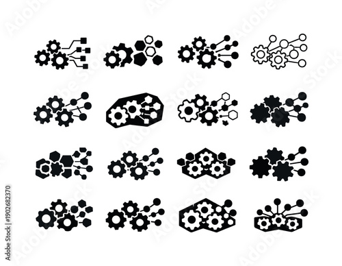 Scaling Strategies Icons. Business strategies for scaling operations. Icon set. Set Logo of business strategies for scaling operations: gears expanding into