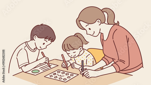 A mother and her two children sitting at a table, engaged in a fun coloring activity together.