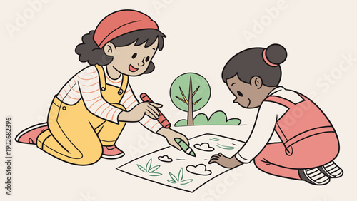 Two young girls engaged in a creative activity of drawing and coloring on a large piece of paper outdoors.
