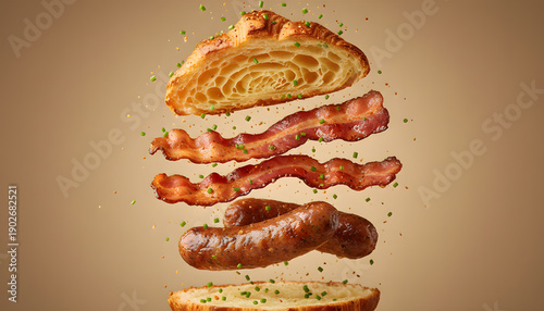 Exploding breakfast croissant sandwich with bacon and sausages