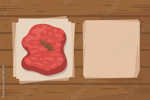 Raw Ground Meat with Rosemary on Parchment Paper, fresh ingredients concept with copy space