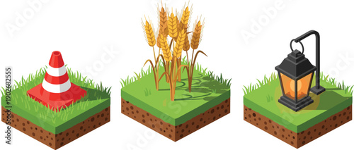 Isometric terrain block illustration featuring traffic cone on grass, golden wheat stalks, and glowing lantern post for modular construction, farming, and outdoor design assets