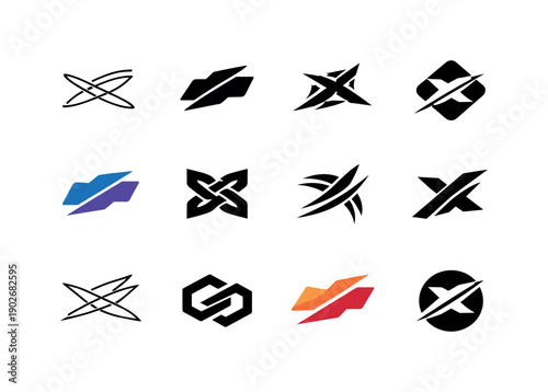 Dynamic composition. Icon set. Set Logo of Dynamic composition: intersecting motion lines. harmonious logo variations of the same emblematic