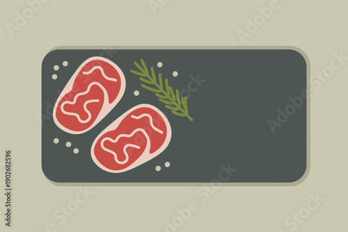 Raw Meat Steaks with Rosemary and Seasoning on a Board, premium meat concept with copy space