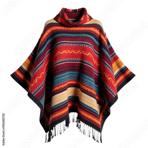 A colorful poncho with fringes on a white background, suitable for fashion or textile design