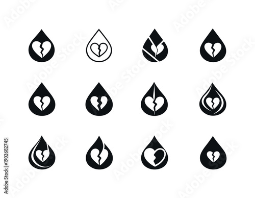 Emotional Wounds Icons. Emotional wounds. Icon set. Set Logo of emotional wounds: tear drop emblem. harmonious logo variations of the same emblematic concept,