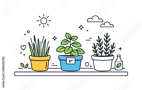Herb pots on windowsill. Stylized herb plants combined with small abstract decorative elements, forming a clean interior gardening scene. The