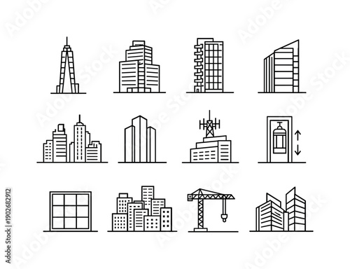 High-rise buildings. Line icon set of High-rise buildings: skyscraper tower, office high-rise, residential tower, glass facade, city skyline,