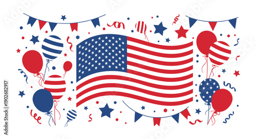 American flag with red white and blue balloons and bunting for patriotic celebration