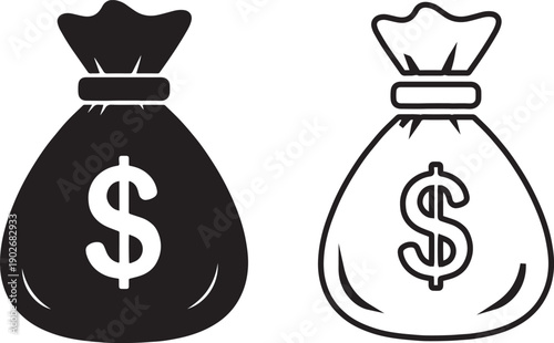 Two money bags one solid black and one outline with dollar signs on white background Keywords