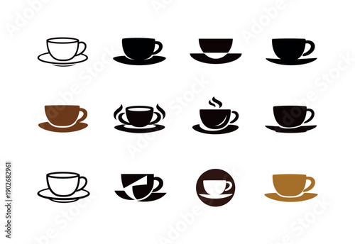 Local cafes. Icon set. Set Logo of local cafes: coffee cup and saucer. harmonious logo variations of the same emblematic concept, each with