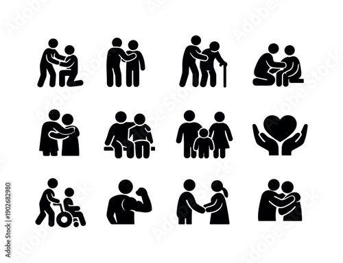 Compassion in action. Solid icon set of Compassion in action: helping lift, kind gesture, supporting arm, steadying steps, empathetic care,