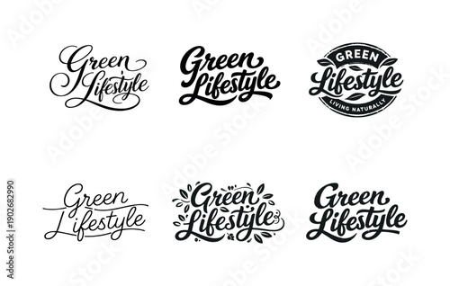 Green Lifestyle Typography. Green lifestyle lettering. Set lettering. harmonious lettering variations of the same emblematic concept, each with different