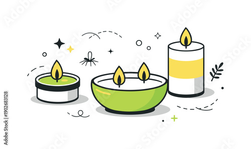 Abstract citronella candles. Simplified candle shapes and flame icons floating with minimal decorative accents. Playful yet calm summer