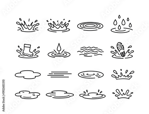 Splashing Puddle. Line icon set of Splashing Puddle: splash impact, water crown, ripple rings, flying droplets, boot splash, raindrop hit,
