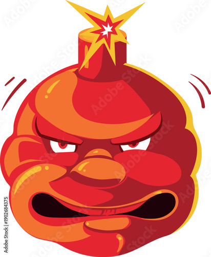 Angry bomb cartoon character. Red explosive with raged face