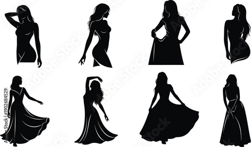 Female Silhouettes In Various Poses And Dresses woman