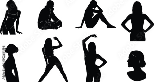 Silhouettes of women in various poses and styles woman